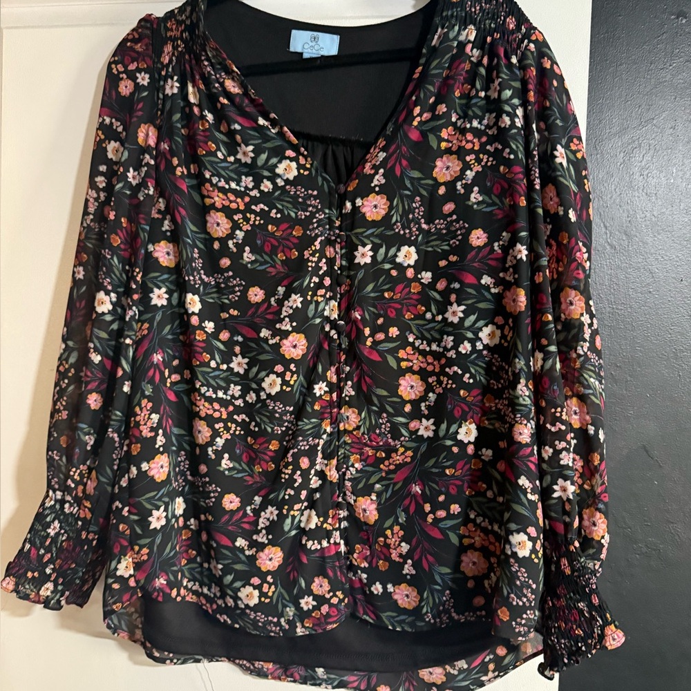 CeCe Black Floral Blouse - Picture 2 of 7
